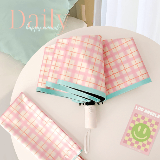 Söt Rosa Pläd Auto Open Folding Paraply